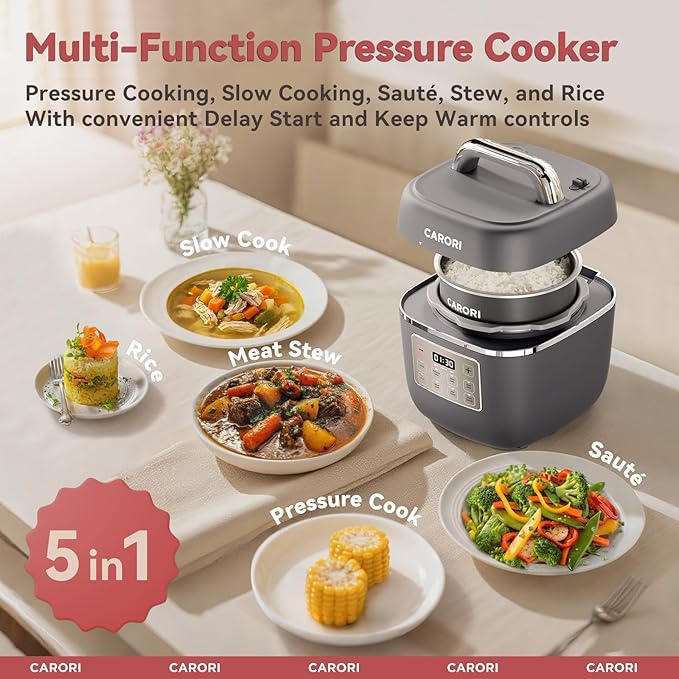 Electric Pressure Cooker 3QT, 8-Function Compact Multi-Cooker with Ceramic Nonstick Pot for Saute, Pressure Cook, Slow Cook, Meat Stew, Rice, Delay Start, Keep Warm, Safe Venting, Gray