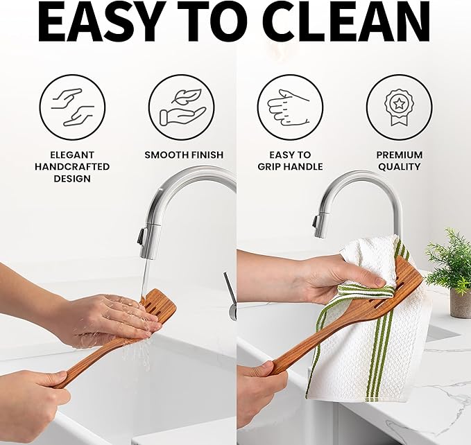 Zulay Kitchen Teak Wood Slotted Spatula – Durable & Heat-Resistant Cooking Utensil for Non-Stick Pans – Wooden Turner for Stirring, Flipping & Serving - Brown