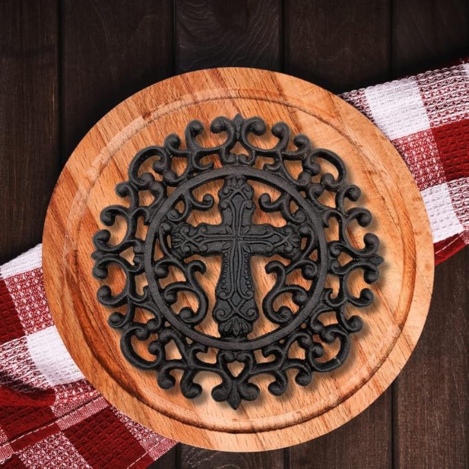 Comfy Hour Antique and Vintage Collection Cast Iron Round Cross Trivet 9" D Black
