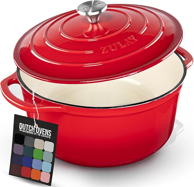 Zulay Kitchen 6 Quart Enameled Cast Iron Dutch Oven Pot with Lid – Premium Durability & Oven Safe up to 500°F – Heavy Duty Cookware Perfect for Bread Baking, Stews, Braising & Roasting – Red