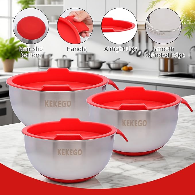 7-Pcs Stainless Steel Mixing Bowls Set with Handles, Nesting Metal Bowls with Lids & Strainer, Base for Baking, Cooking & Meal Prep (1.2/2.5/4.5 QT)