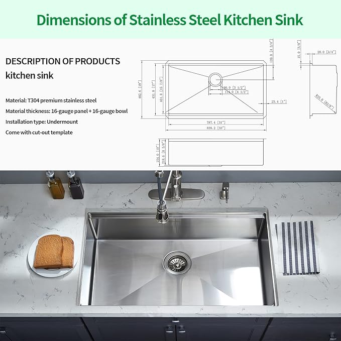 Undermount Kitchen Sink, 33 x 19 x 10 Inch Sink Kitchen 16 Gauge Stainless Steel Kitchen Sinks Single Bowl Workstation Sink with Cutting Board