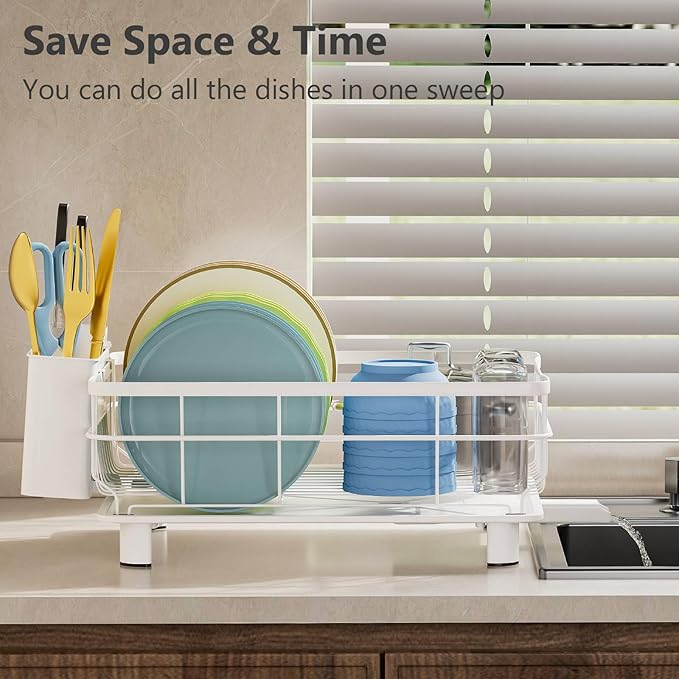 Iron Dish Drying Rack Auto Drain Dish Drainers Kitchen Counter Strainer with Draining Tray, All White