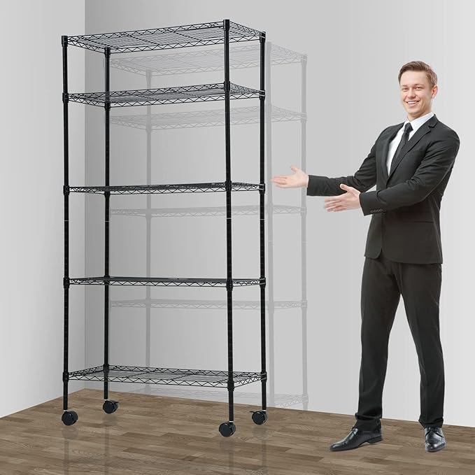 5-Shelf Adjustable Storage Shelf, Heavy Duty Storage Shelving Unit with Wheels, Standing Shelves Metal Organizer Wire Rack for Kitchen Bathroom Pantry, 30" L x 14" W x 60" H, Black