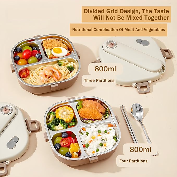 Stainless Steel Bento Box, 800ml Leakproof Lunch Box, Easy To Open And Close, Food Storage Container For Outings, Picnics, And Travels (4 Compartments)
