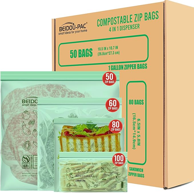 Compostable Combo Storage Zip Bags 290 Count, Resealable Variety Pack with Organizer, Reclosable Biodegradable Eco-Friendly Compost Snack, Sandwich, Quart, Gallon Assorted Size Bags