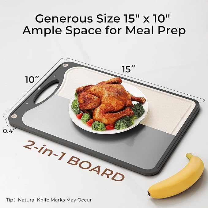 Highly Rated Double Sided Titanium Cutting Board - 15x10 Inch Non-Slip Kitchen Chopping Board with Juice Groove, Wheat Straw Side & Garlic Grater, Dishwasher Safe, Knife-Friendly