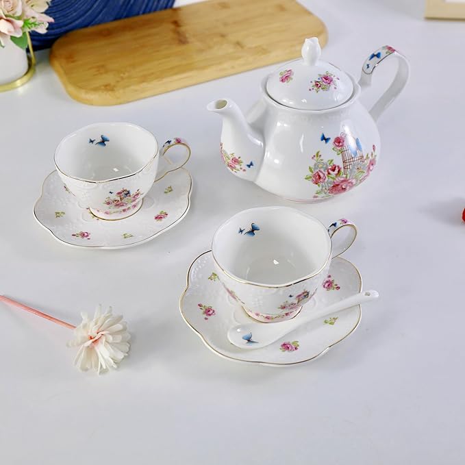 YBK Tech Strengthen Porcelain Coffee Pot Ceramic Teapot- Pink Rose (Teapot+ 2 sets of cup and saucer)