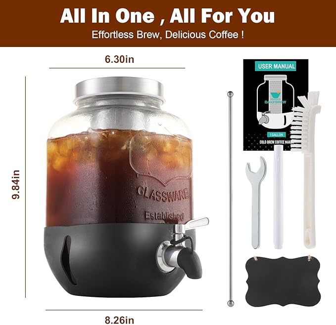 Cold Brew Coffee Maker, Cold Brew Maker 1 Gallon With Stainless Steel Filter, Cold Brew Pitcher With Stainless Steel Spigot, Ice Tea Maker With Airtight Lid, Cold Brew Coffee Maker With Silicone