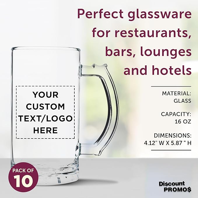 DISCOUNT PROMOS Custom Glass Beer Mug 16 oz. Set of 10, Personalized Bulk Pack - Great for Wedding Favors, Groomsmen Gifts, Birthday Gifts - Clear Bottom Color