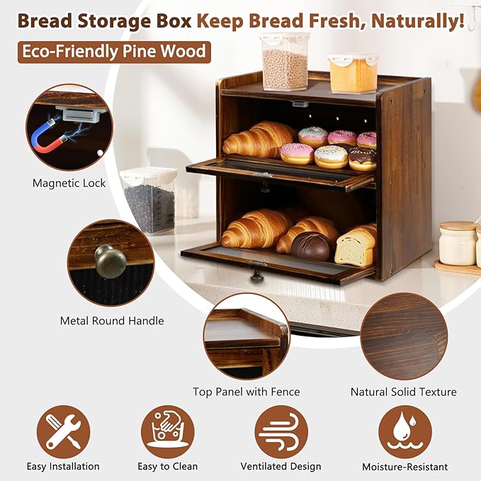 Bread Box for Kitchen Countertop, 2 Layer Large Capacity Wooden Bread Storage Container with Clear Wavy Acrylic Window Breadbox Holder Keeper Farmhouse Food Organizer