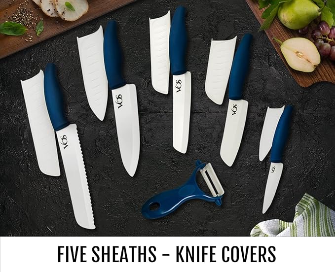Vos Ceramic Knife with Peeler, Knives Set For Kitchen, Ultra Sharp Kitchen Knife Set with Covers, 4" 5" 6" 7" 8" Paring, Chef Knife, Santoku & 2 more, Lightweight, Dishwasher safe (Blue)