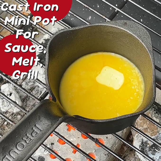 Cast Iron Sauce Pan and Basting Pot with BBQ Mop Brushes - Cast Iron Small Sauce Pots 2 Pcs for Grilling, Melting, Camping Cooking & Stoves - Mini Pot for Butter Melter