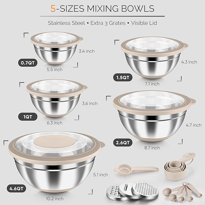 HaWare Mixing Bowls, 24-Piece Stainless Steel Salad Serving Bowl with Airtight Clear Lids, Metal Nesting Bowl For Kitchen Cooking Prepping Storing with 3 Graters, 4.6/2.6/1.5/1/0.7 QT, Khaki