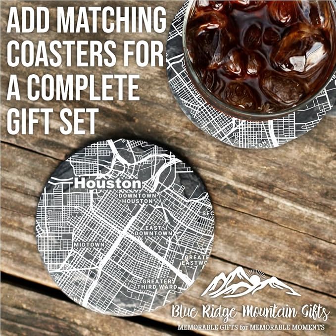 Blue Ridge Mountain Gifts - Houston Souvenir - Texas Glassware Gift, Etched City Map, Laser Engraved and Dishwasher Safe