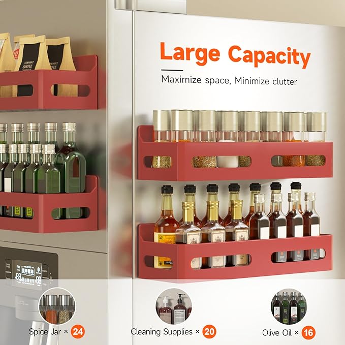 4 Pack Magnetic Spice Rack for Refrigerator, Spice Rack Organizer, Moveable Magnetic Shelf Fridge Organizer with 4 Hooks for Kitchen and Oven Organization, Red