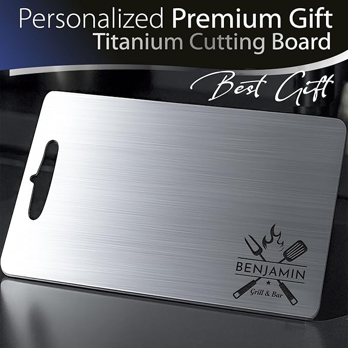 Personalized Titanium Cutting Board, Pure Titanium, Stainless Steel Premium Custom Engraved Chopping Board Gift for Men, Women, Dad, Birthday, Anniversary, Christmas, Kitchen Chefs & BBQ Grill Lovers