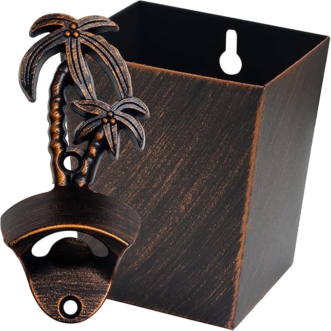 Vintage Wall Mount Bottle Opener Palm Tree Beer Top Opener with Cap Catcher Outdoor for Beach Theme Gifts (Aged Copper)