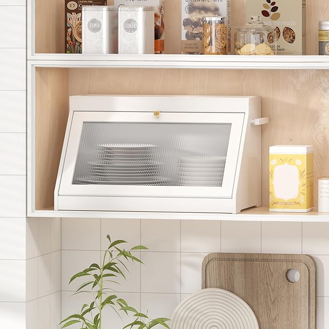 Bamboo Bread Box with Shelf for Kitchen Counter-Large Capacity Bread Storage Container with Wavy Arcylic Transparent Door Bamboo Wooden Farmhouse Bread Box for Your House (White)