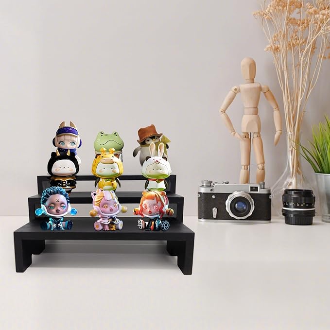 12Pcs Black Display Riser Wood Risers Cupcake Stand 3 Tier Racks Decorative Rectangular, 4 Set Cologne Perfume Organizer Dessert Stands for Vendors Event