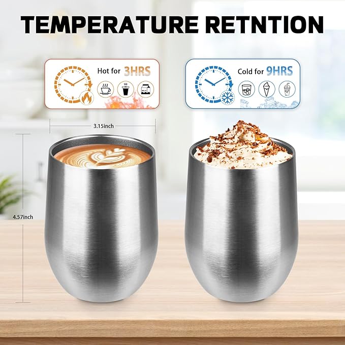 StarSpeed 12oz/6 Pack Wine Tumbler with lid, Stainless Steel Travel Mugs Stemless Double Wall Insulated Coffee Cup, Insulated Wine Glasses Travel Tumbler for Cold & Hot Drinks(Silver, 6)