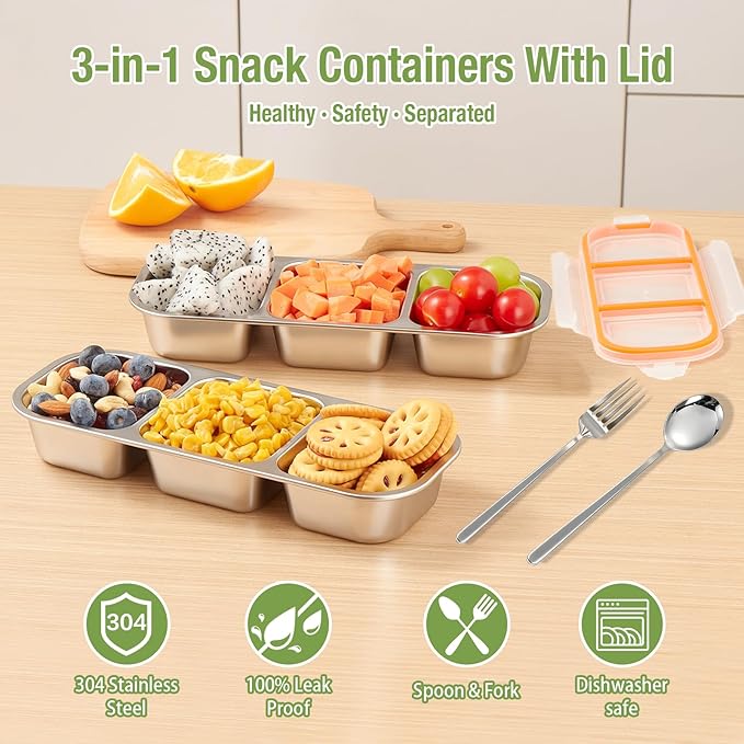 3 Pack Stainless Steel Snack Containers with Fork & Spoon, 3 Compartment Metal Bento Lunch Box with Leakproof Lids, Reusable Snack Bento Prep Containers for Home, Office, Travel