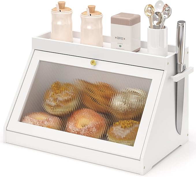 Bamboo Bread Box with Shelf for Kitchen Counter-Large Capacity Bread Storage Container with Wavy Arcylic Transparent Door Bamboo Wooden Farmhouse Bread Box for Your House (White)