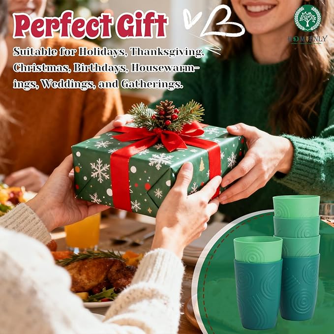 Homienly Wheat Straw Cups Plastic Cups Unbreakable Drinking Cup Reusable Dishwasher Safe Water Glasses (12 OZ Forest Series)