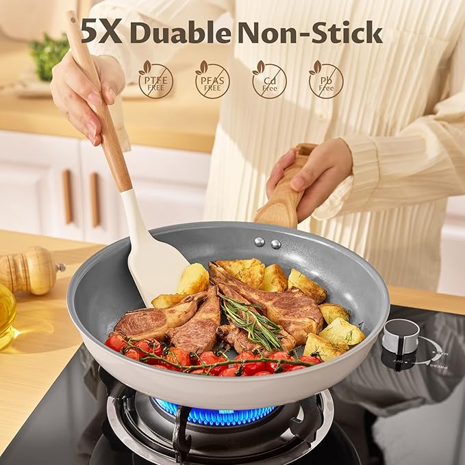 5 Pieces Frying Pans Nonstick with Lid, Ceramic Frying Pan, Molecular-bonded Induction Base, Skillet with Bakelite Handle, Cooking Chef's Pan, PFOA/PFAS/PTFE Free, Induction Compatible