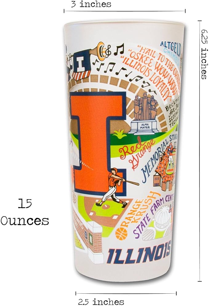 Catstudio Drinking Glass, University of Illinois Glass Cup for Kitchen, 15oz Dishwasher Safe Tumbler for UIUC & UIC Alumni