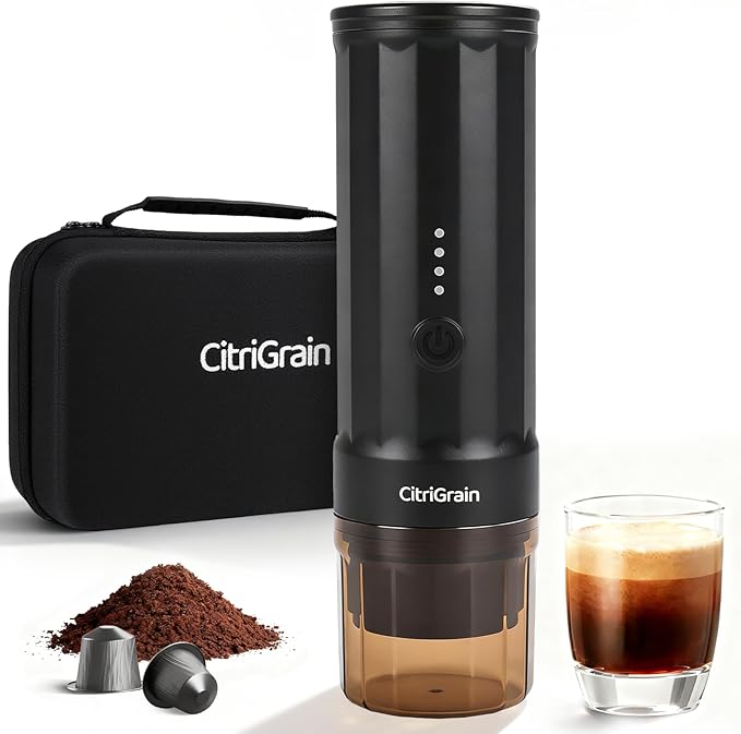 Self-Heating Portable Espresso Maker for Camping, 20Bar Travel Coffee Machine, Fast USB-C for Car/Office, with Stand & Case, Works with Ground Coffee & NS Capsules, for Hiking, RV, Gift