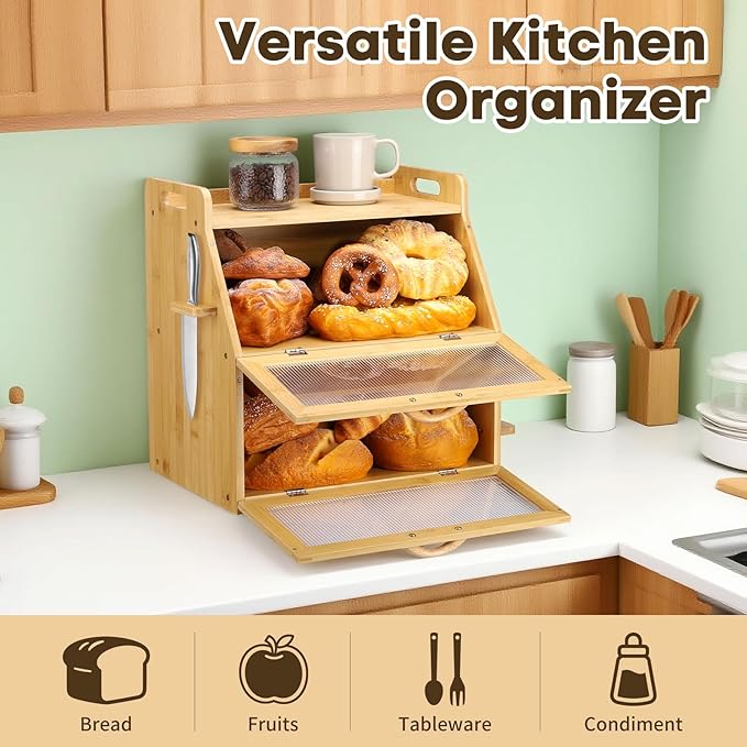 Bread Box for Kitchen Countertop, Large Bread Storage Container for Homemade Bread, Bamboo Farmhouse Organizers, Double Layer Bread Bin with Acrylic Window Holder,Natural