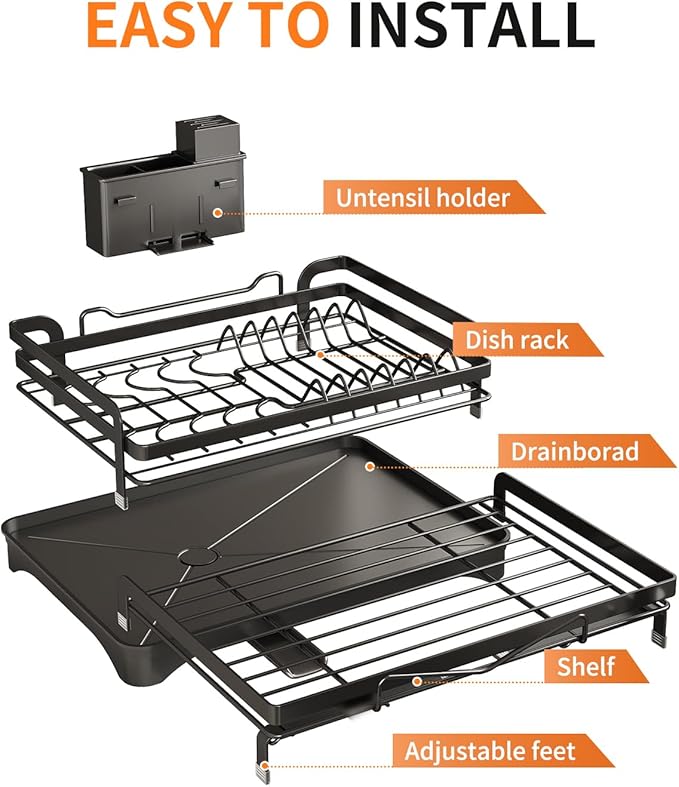extendable Dish Drying Rack for Kitchen Counter,escurridor de platos,Metal Dish Strainer with Utensil Holder and Drainer (Black)