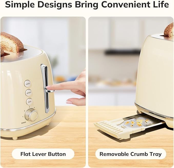 Toasters 2 Slice Retro Stainless Steel Toasters with Bagel, Cancel, Defrost Function and 6 Bread Shade Settings Bagel Toaster, Beige