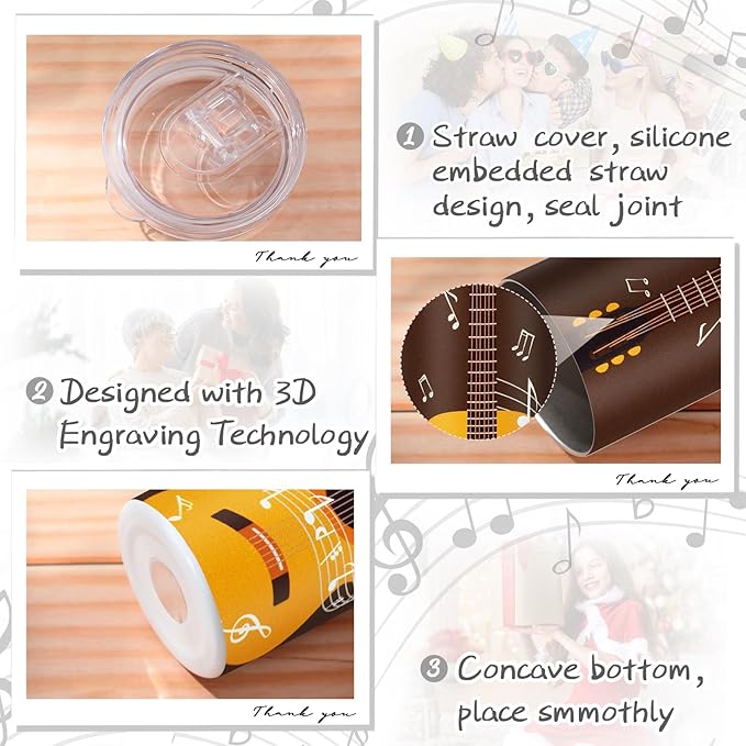 Umigy 2 Pieces Guitar Gift Tumbler with Lid Straw and Brush, 20 oz Musical Notes Travel Mug Stainless Steel Coffee Mug for Christmas Music Lovers Singers Teacher Birthday Gifts