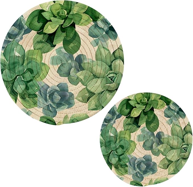 Succulent Plants Green Kitchen Trivets Pot Holders Set of 2, Trivets for Hot Pots Dishes Woven Trivet Coaster Pad Mat for Counter