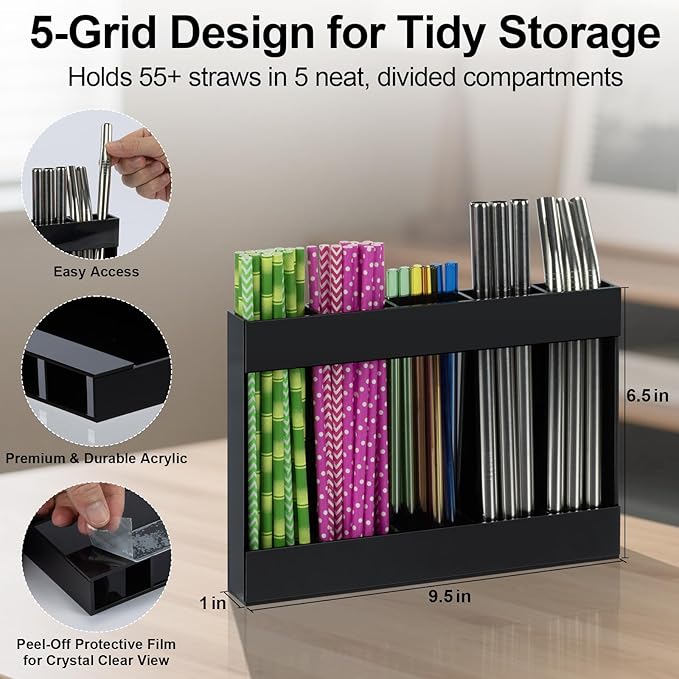 Upgraded Acrylic Straw Holder for Cabinet Door, Fridge & Countertop–Magnetic/Adhesive Dual Mount, Strong Hold, Space-Saving Straw Organizer with Adhesive Tape, Magnetic Sheet