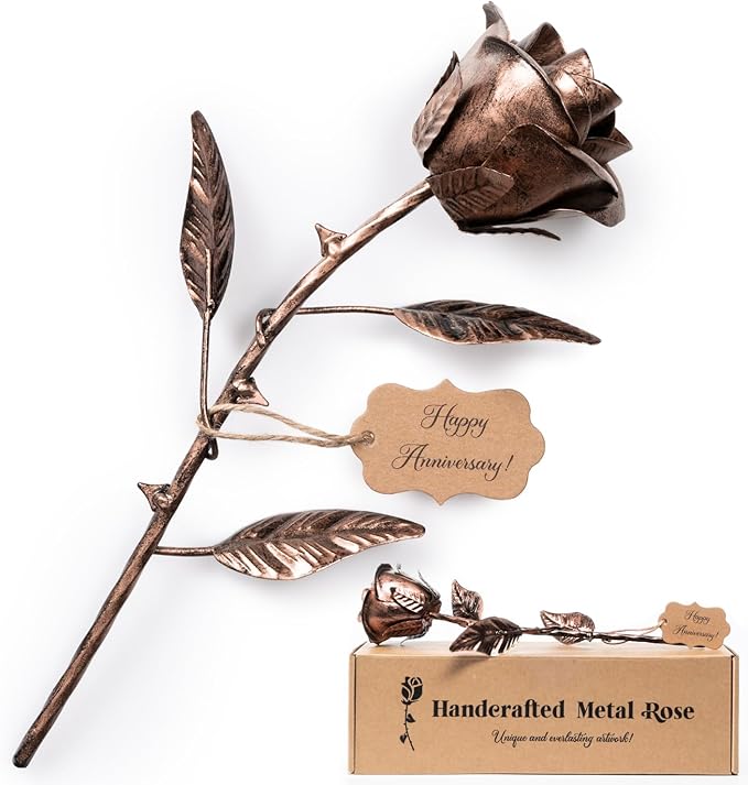 7 Year Anniversary Copper Gift for Her - Metal Rose Copper Gift for Wife 7th Wedding Anniversary for Him Husband Couples, Everlasting Flower 22nd 22 Year Handcrafted Love Stained Artwork