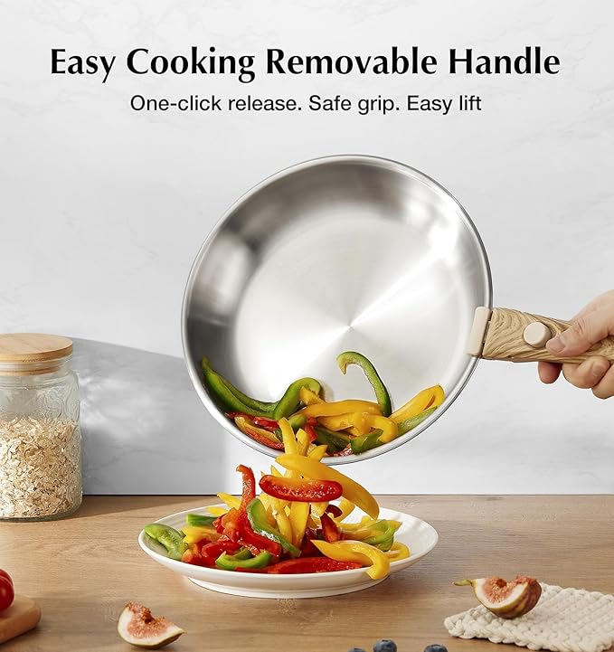 KOCH SYSTEME CS Stainless Steel Frying Pan Set, 18/10 Stainless Steel Pan Set with Stylish Removable Handles, Tri-Ply Steel Base, Save 75% Space, Induction Compatible Skillets, 8" & 9.5" & 11"