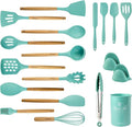 LeMuna Cooking Utensils Set, 18pcs Kitchen Silicone Utensils, Heat Resistant Non Toxic & BPA-Free with Holder & Wooden Handle, Home Essential Accessories, Teal(Turquoise)