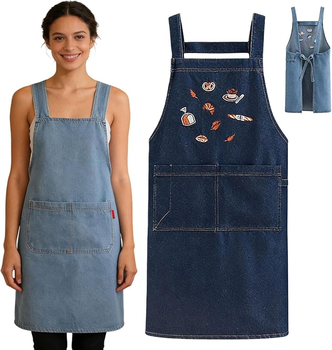 2026 New Adult Jour Apron - Lightweight Cotton Apron with Front Pocket, Cross-Back Jean Kitchen Aprons for Women Men