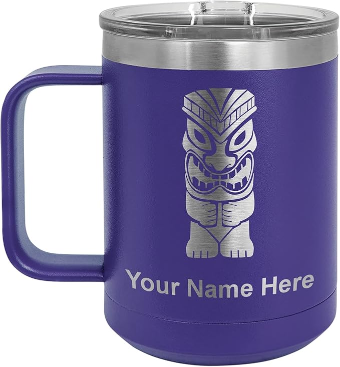 LaserGram 15oz Vacuum Insulated Coffee Mug, Tiki Statue, Personalized Engraving Included (Dark Purple)