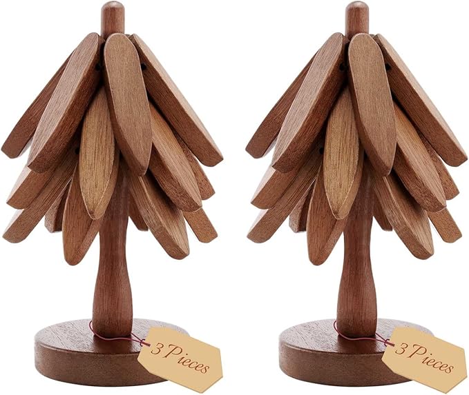Wooden Trivets Tree for Hot Dishes, 2 Sets Wood Coaster for Hot Pots and Pans, Christmas Tree-Shaped Stackling Trivets with Organizer, 8 Inch Decorative Wooden Hot Pads, 6PCS Dark Walunt