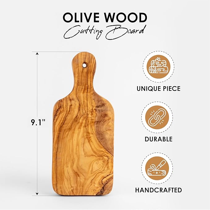 Olive Wood Cutting Board - 23cm (9.05") Handmade Mediterranean Olivewood Chopping Board with Hanging Hole - Durable Eco-Friendly Kitchen Board with Natural Beeswax Finish
