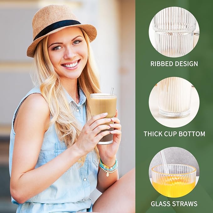 20 oz Glass Cups and Straw 2 Set, Glass Tumbler with Straw, Vintage Glassware for Whiskey Cocktail Beer, Iced Coffee Cups (2 PACK)