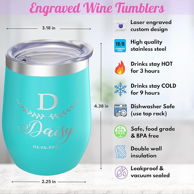 Gifts Inscribed Personalized Wine Tumbler with Lid – Teal Custom Engraved Stainless Steel Insulated Mug for Hot & Cold Drinks – Customized Bridesmaid, Wedding, or Birthday Gift
