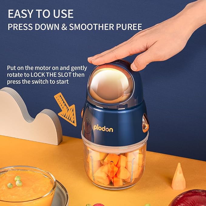 Baby Food Maker Mini Cute and Small Food Processor Puree Blender Grinder Chopper 300ml Cup Glass Bowl with 8 Blade Electric (Spaceman-Blue)
