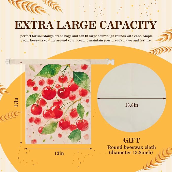 Beeswax Bread Bags for Sourdough 2 Pack 13"x17" Eco-Friendly Reusable Linen Cotton Storage Bags with Zipper Closure for Homemade Bread Fresh-Keeping, Freezer-Safe (Cherries)