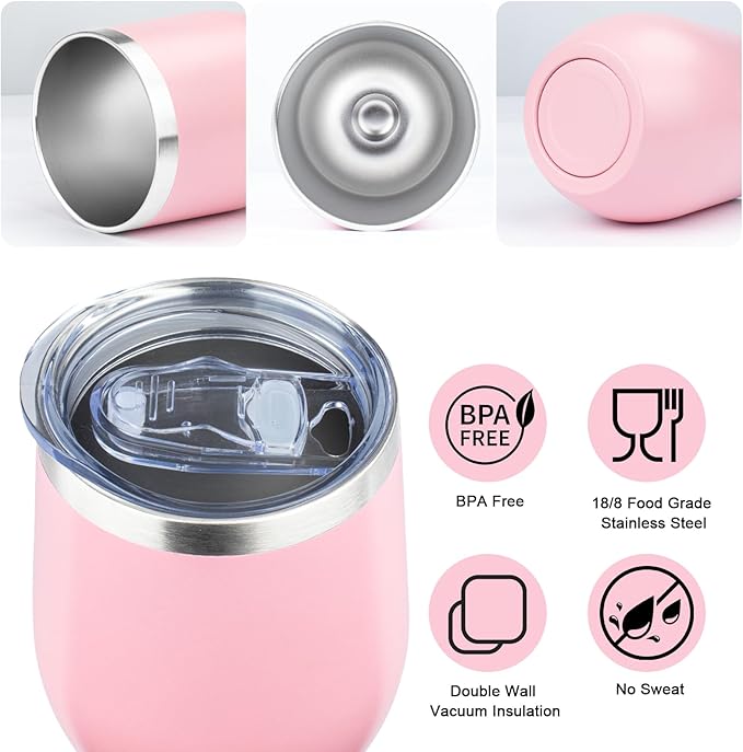 MEZMUT 12oz Insulated Wine Tumbler with Lid Double Wall Vacuum Stainless Steel Wine Glass Coffee Mug Insulated Tumbler Cup for Champaign, Cocktail, Beer (Pink, 1 Pack)