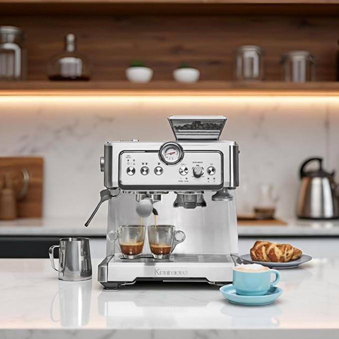 Kenmore Espresso Machine – Automatic Coffee Maker with Manual Tamper, Auto Cleaning, Milk Steamer & Frother, Bean Grinder, Brew Professional Barista Style Cappuccino, Café Latte